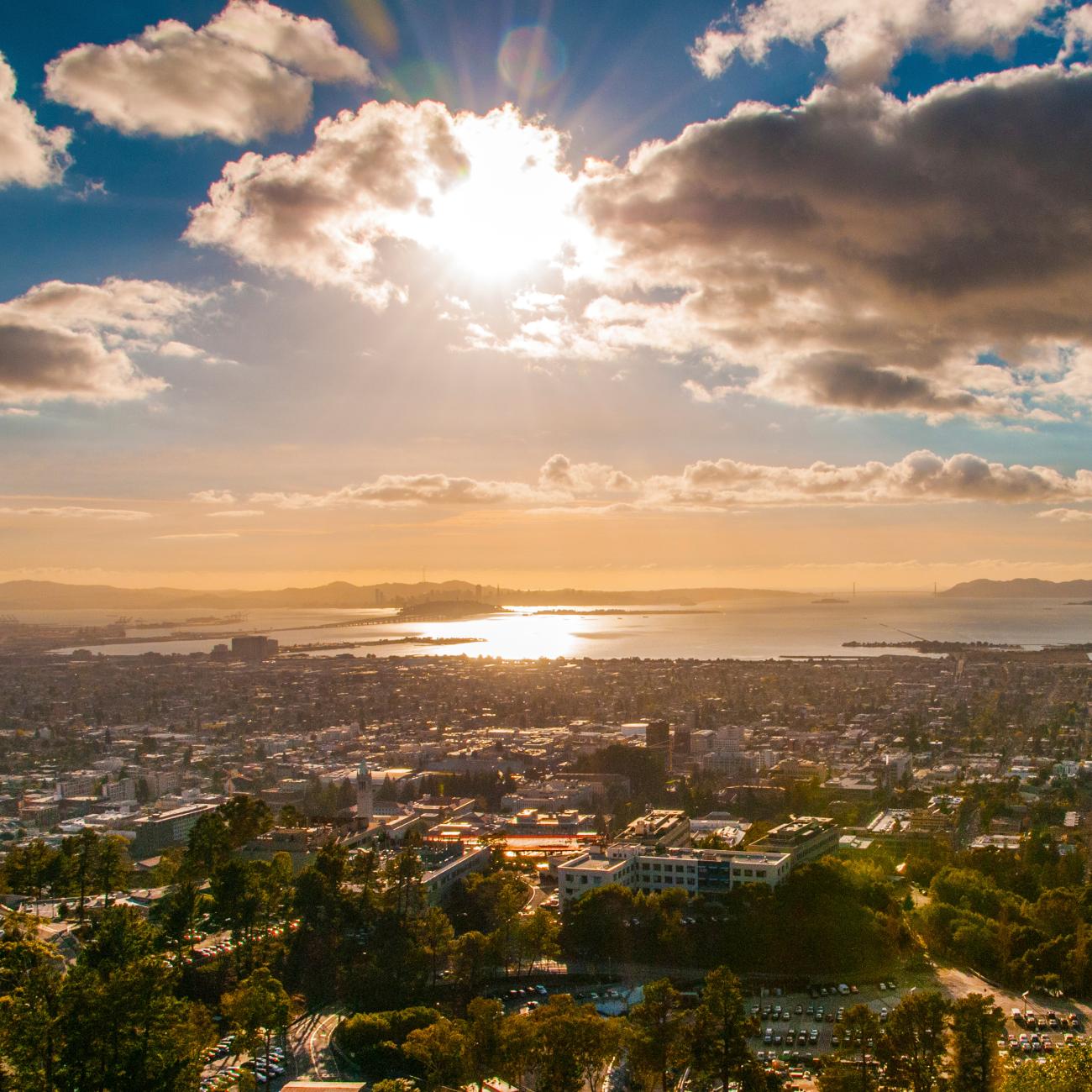 An aerial view of UC Berkeley and the bay as the sun sets. (Photo/ Keegan Houser)