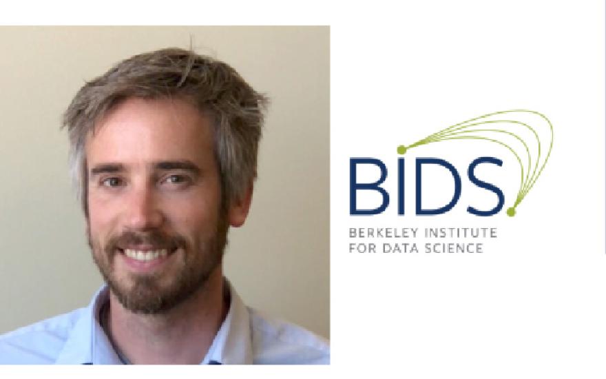 Photo of Stefan van der Walt next to a graphic of BIDS logo 