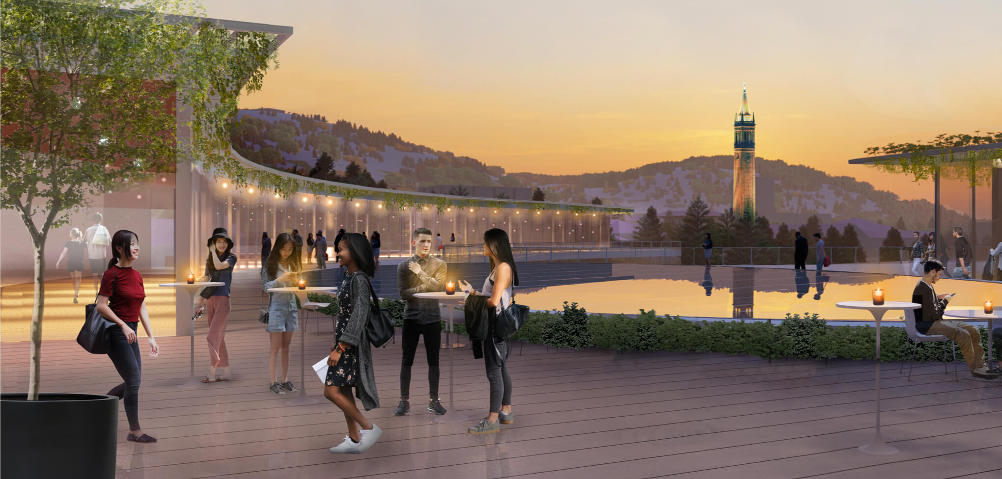 Conceptual illustration of the Gateway building with students walking around the outdoor section