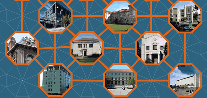Graphic with blue background and orange octagons with pictures of different buildings around UC Berkeley campus, all connected with orange lines