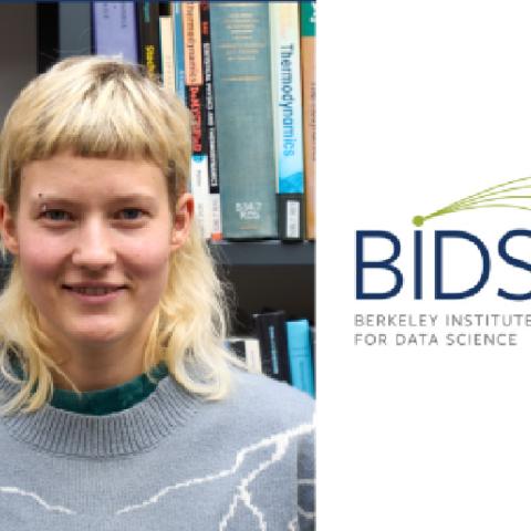 Photo of Antonia Winkler against a backdrop of books with a graphic of the BIDS logo to the right