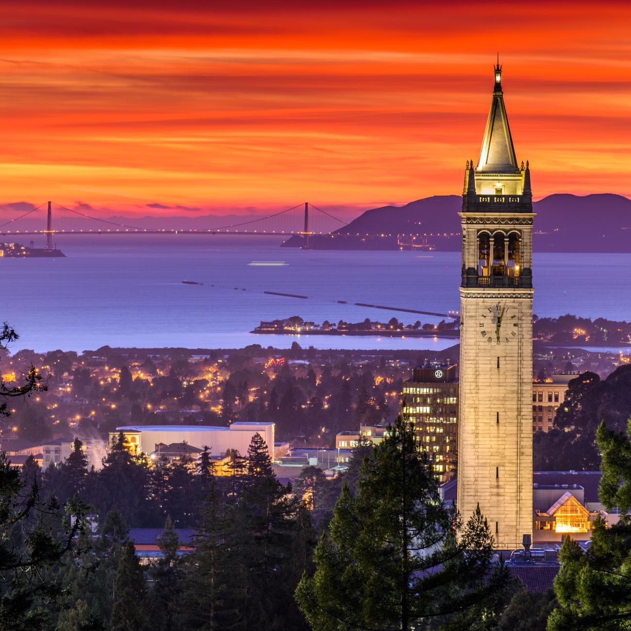 UC Berkeley's Campanile against an orange sunset. 