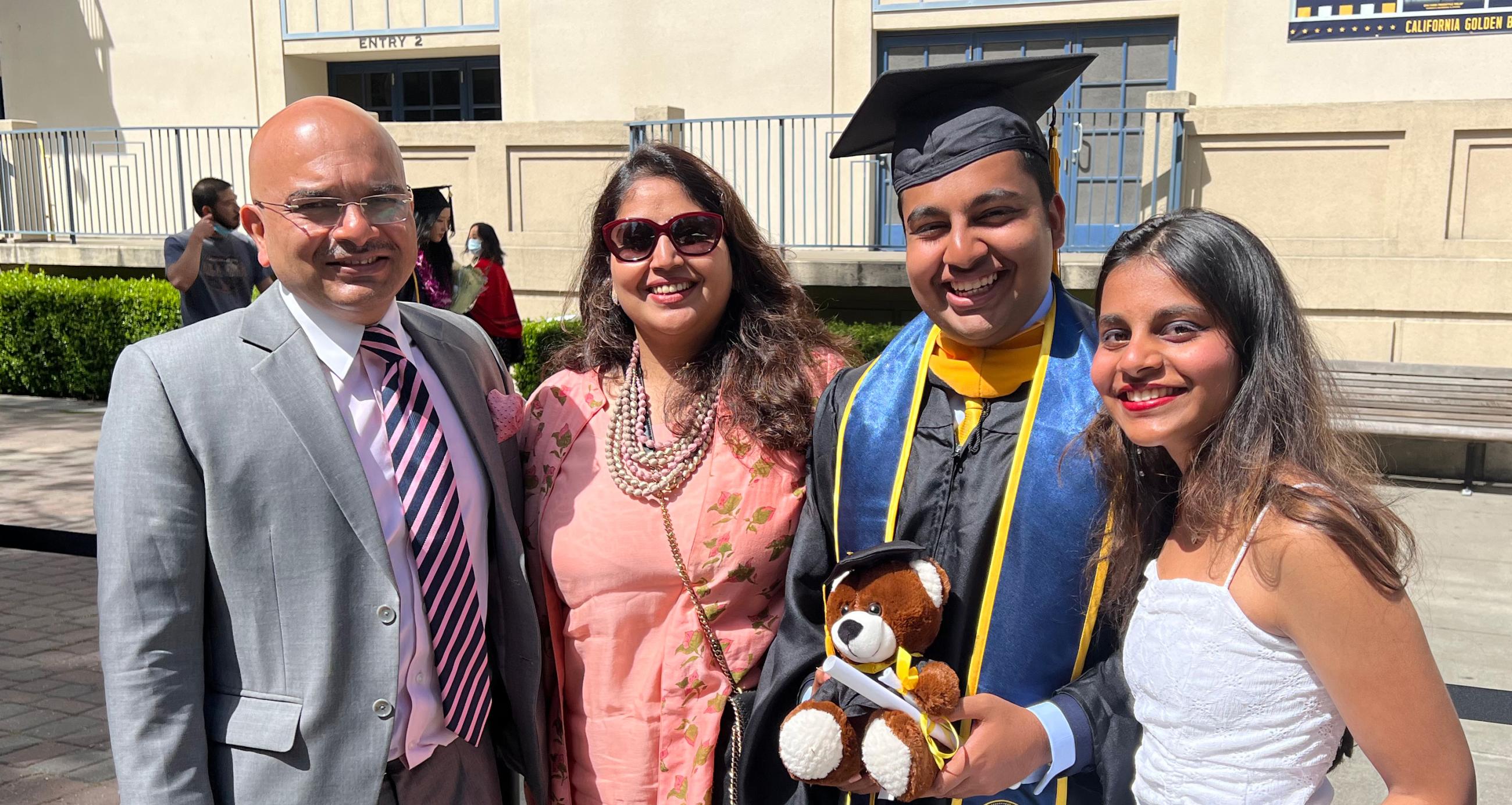 Ishaan Srivastava, the master’s student speaker at Statistics commencement, celebrates with his family following the ceremony. (Photo/ Mansi Shah)