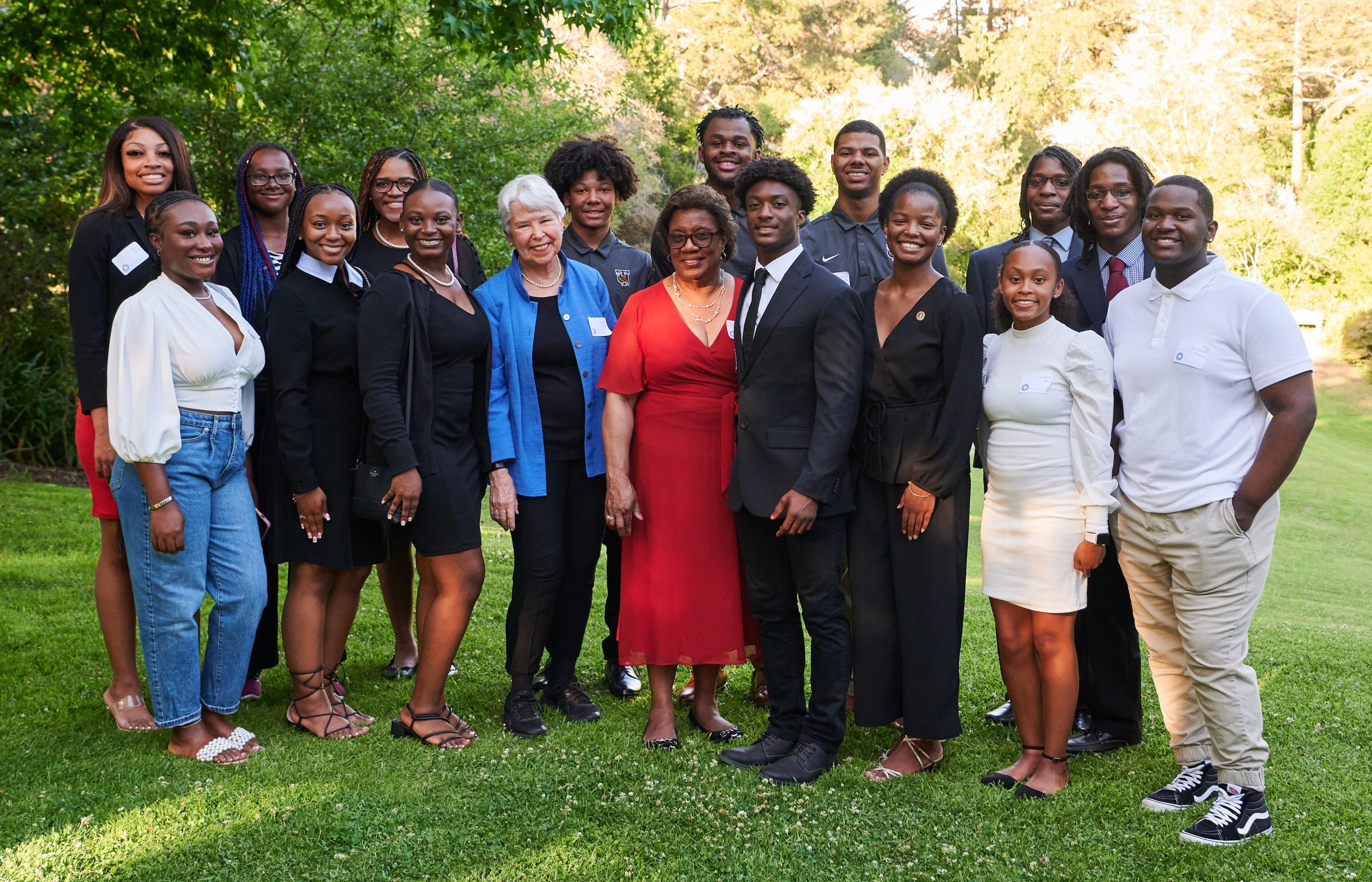 Chancellor Christ (center left) and President Morris (center right) with the Tuskegee Scholars at the Berkeley-Tuskegee Data Science Initiative Reception at University House on June 21, 2022. (Photo/ KLCfotos)