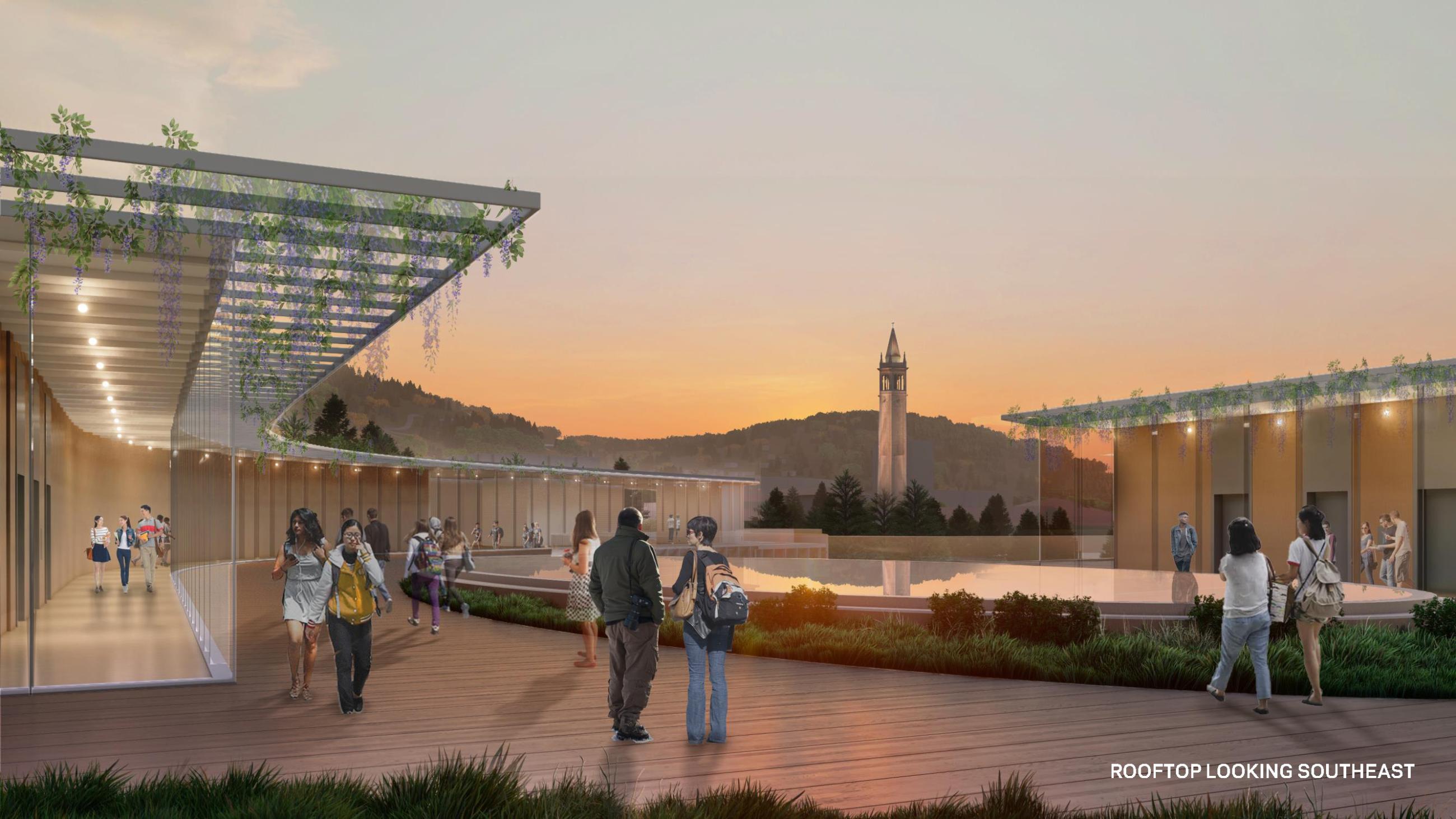 The Gateway's rooftop terrace with a view of Sather Tower and the Berkeley Hills. (Rendering by Weiss/Manfredi architecture firm)