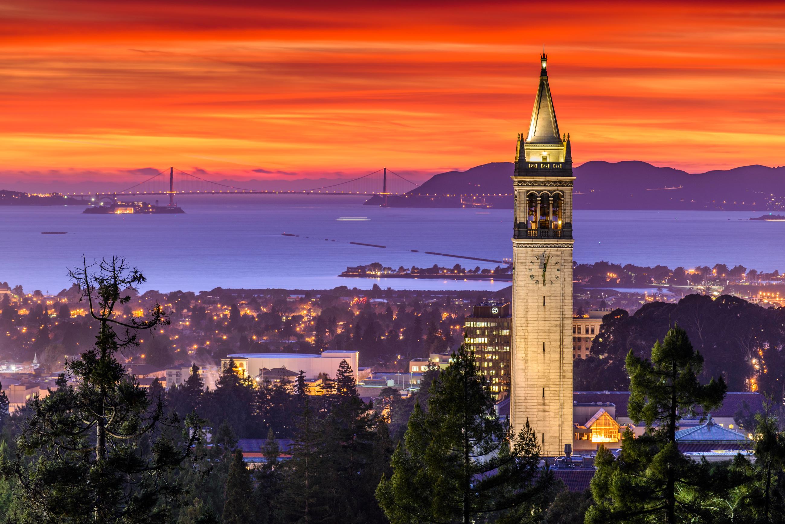 UC Berkeley's Campanile against an orange sunset. 