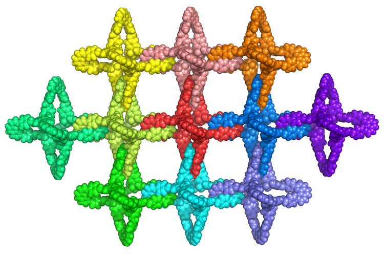 The individual building blocks of a catenane are polyhedral molecules — a type of adamantane — that link arms to form a 2D mesh or 3D network that is sturdy but flexible. (Image credit: Tianqiong Ma, UC Berkeley)