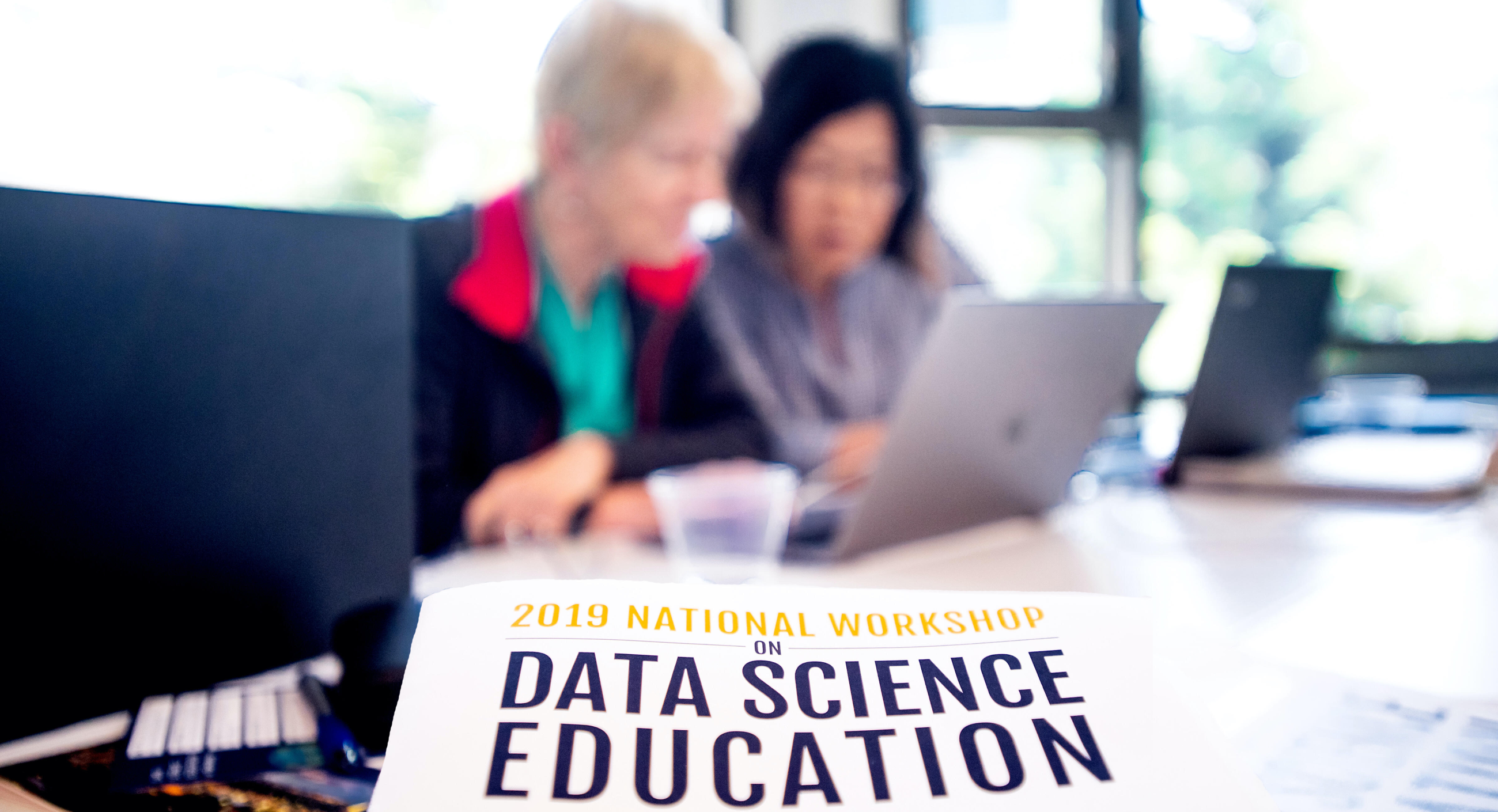 Two people in background looking at laptop, paper in foreground with words "2019 National Workshop on Data Science Education"