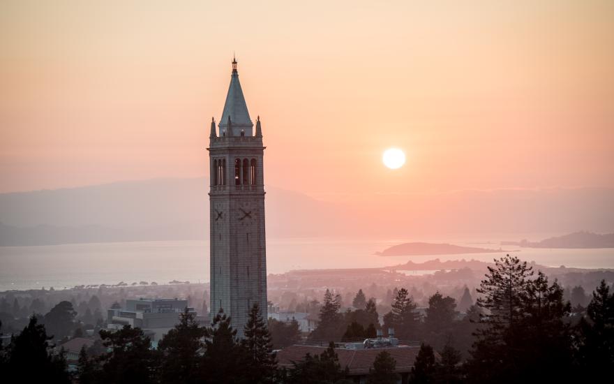 Sather Tower and the bay at sunset. (Photo/ Keegan Houser)