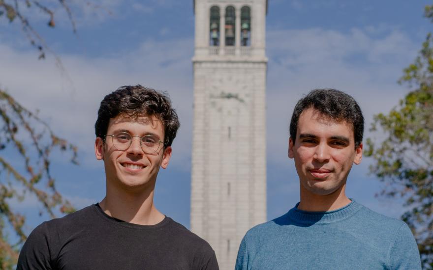 Adam Yala and Ahmed Alaa in front of Sather Tower. (Photo/ Michelle Tran/Berkeley Computing, Data Science, and Society)