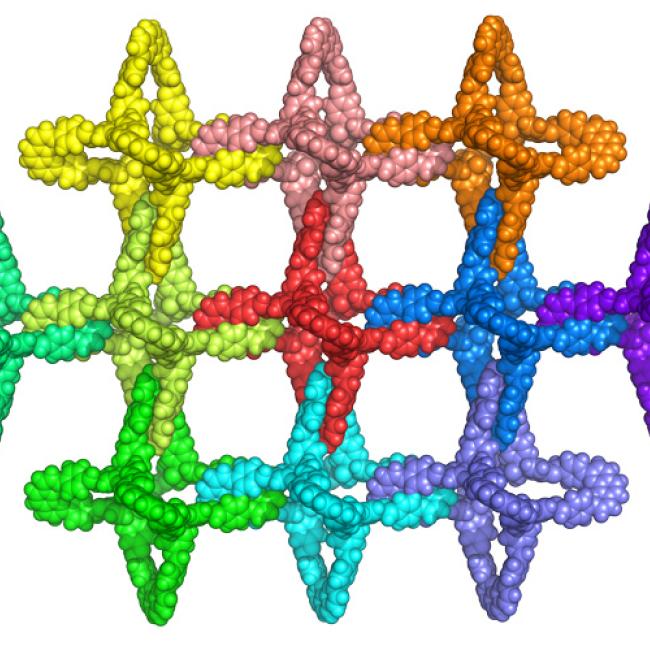 The individual building blocks of a catenane are polyhedral molecules — a type of adamantane — that link arms to form a 2D mesh or 3D network that is sturdy but flexible. (Image credit: Tianqiong Ma, UC Berkeley)
